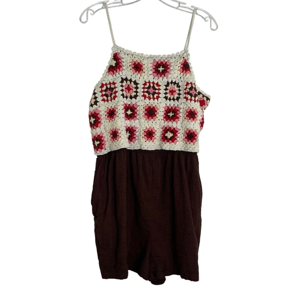 Lucky Brand Brown Hippie Granny Square Crochet Romper Women's Large Y2K